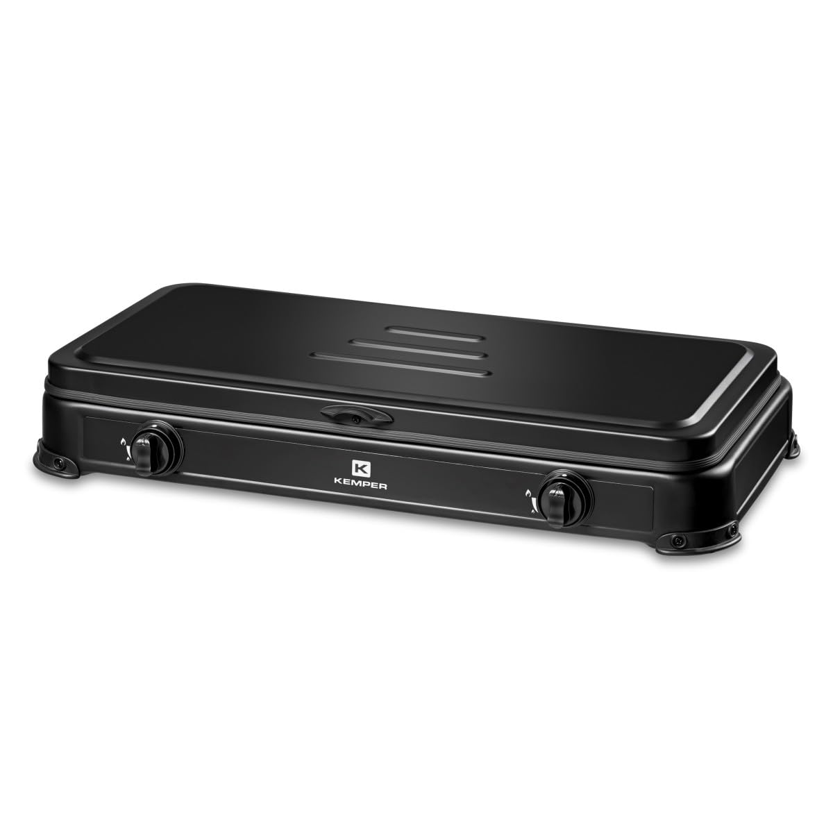 KEMPER - Réchaud gaz portable 2 feux 2600W Noir Couvercle Plaque de cuisson