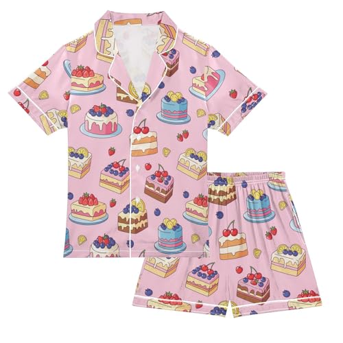 Satin Pajama Sets Short Sleeve Cake Fruits Pattern Button Down Silky Nightwear 2 Piece PJS 5-14Y