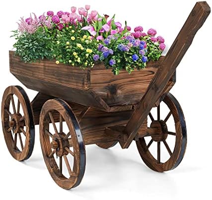 OIPRTGFJ Wood Wagon Planter for Outdoor Balcony Decor - Garden Rustic Wooden Flower Cart with Wheels for Outside Garden Decor Wheelbarrow Planter for Patio