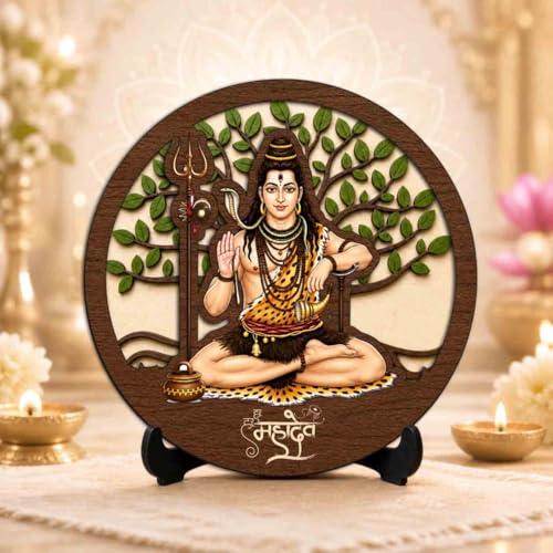 Image of Shiv Ji Wooden Idol with Stand for Home Temple, Puja Room, Office Desk & Indoor Mandir Decor - 5x5 Inch