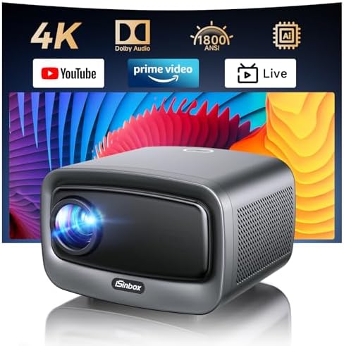 [1800 ANSI/Auto Focus/Built-in APPS] Smart Projector 4K with WiFi 6 and Bluetooth 5.3, 6D Keystone Outdoor Movie Projector with Netflix& 36W Dolby Audio Plus HDR10+ Home Theater Ceiling 2025 Upgraded