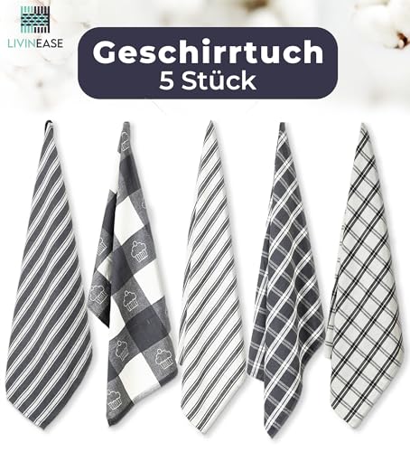 LivinEase Geschirrtücher - Küchentücher aus 100% Baumwolle - 5er-Pack Saugfähiges Set 70 x 50 cm, Grau