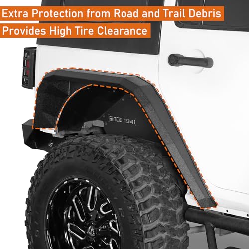 Image of Hooke Road JK Flat Rear Fender Flares Mud Guard for 2007-2018 Jeep Wrangler JK & Unlimited 2 /4 Doors, 2PCS Off-Road Wheel Fenders Heavy-Duty