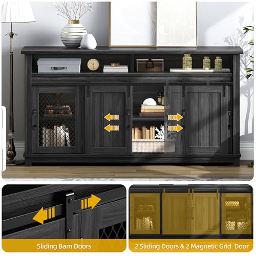 DWVO Farmhouse Sideboard Buffet Cabinet, 63'' Coffee Bar Cabinet with 2 Sliding Barn Doors & 2 Visual Grid Doors, Rustic Storage Cabinets for Kitchen & Living Room, Dark Grey