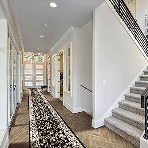 runrug Hallway Runner Rug - Carpet Runners for Hallways, Kitchen, Corridors & Caravans - Stain Resistant Dirt Stopper - 60cm Wide x 300cm Long - Black Persian Cover