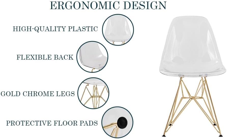 Diagram illustrating ergonomic design, high-quality plastic, flexible back, gold chrome legs, and protective floor pads