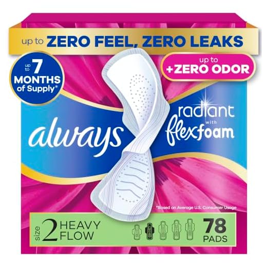 Always Radiant Feminine Pads For Women, Size 2 Heavy Flow Absorbency, Multipack, With Flexfoam, With Wings, Light Clean Scent, 26 Count x 3 Packs (78 Count total)