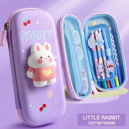 Image of Invite Enterprise 3D Polyester Cartoon Theme Pencil Case Pouch - Multipurpose Zipper Bag for Kids, Girls - Stationery Storage Box (Rabbit Small) - Purple