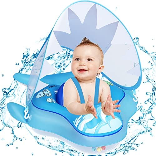 Baby Swimming Pool Float, Inflatable Infant Pool Floats Ring with Sun Protection Canopy & Anti-Flip Tail & Safe Bottom Support, Baby Safer Swim Floaties 6-12 Months Newborn Toddler
