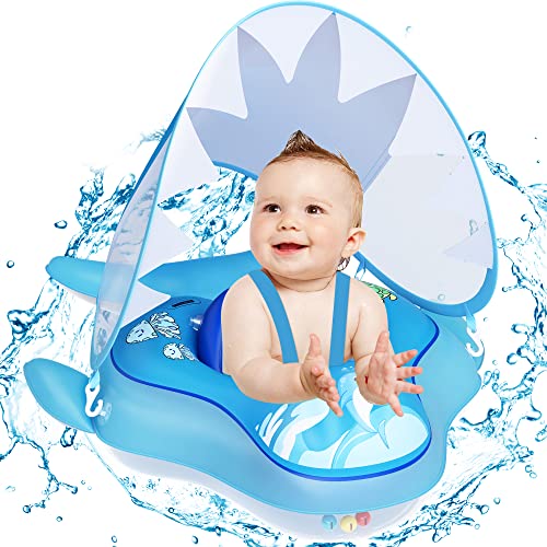 Baby Swimming Pool Float, Inflatable Infant Pool Floats Ring With Sun Protection Canopy & Anti-Flip Tail & Safe Bottom Support, Baby Safer Swim Floaties 6-12 Months Newborn Toddler #TOP2