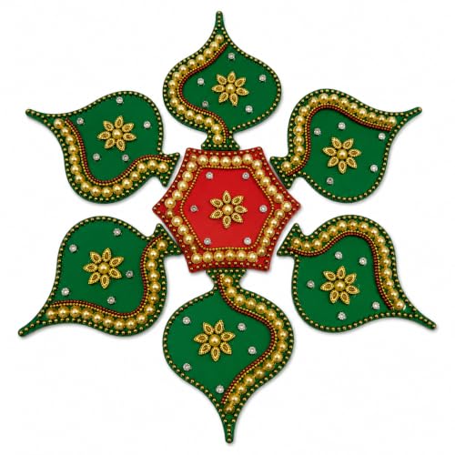 Image of Designer Decorative Handmade Acrylic Rangoli, Paan Design with Pearl and Floral Embellishments, Red and Green, Multi-Colour (R Paan 001) Floor and Wall Decor, Diwali Festive Decoration
