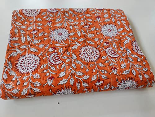 Kalap Indian Handmade Cotton Kantha Quilt Traditional Queen Kantha Quilts Kantha Bedspread Blanket Indian Kantha Queen Bohemian Quilt Throw King Quilt Bed Cover (Orange White, Queen 90 X 108 Inch)