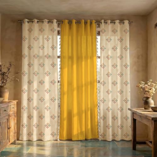 Image of Urban Space Floral 100% Cotton Curtains For Door, Combo Set Of 3 Curtains 7 Feet Long, 60-65% Room Darkening Curtain, Tieback & Eyelets Included With Curtains For Home Decor (Mosaic Yellow, 7 Feet)