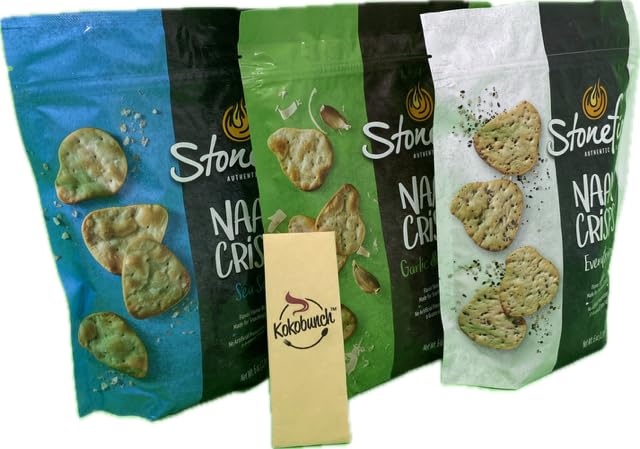 Kokobunch Variety Bundles Of Stonefire's Authentic Naan Crisps Flatbread Cracker 4 or 3 Assorted Pack (6oz, 2 Bags of Garlic And Cheese & 2 Bags of Sea Salt)