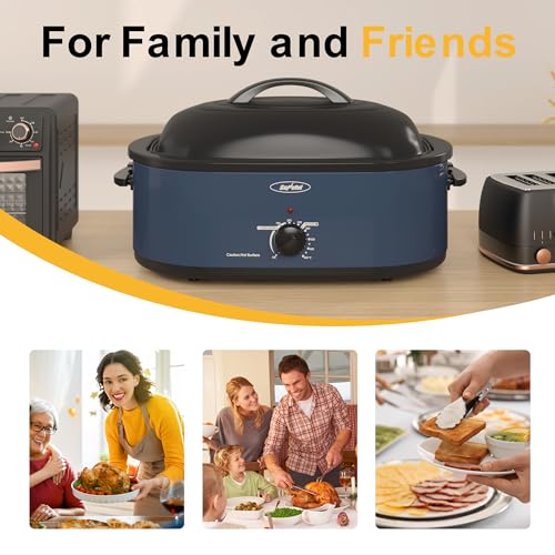 Sunvivi 22lb 18-Quart Roaster Oven, Electric Roaster Oven with Self-Basting Lid, Turkey Roaster with Unique Defrost/Warm Function, Large Roaster with Removable Pan & Rack, Stainless Steel, Blue