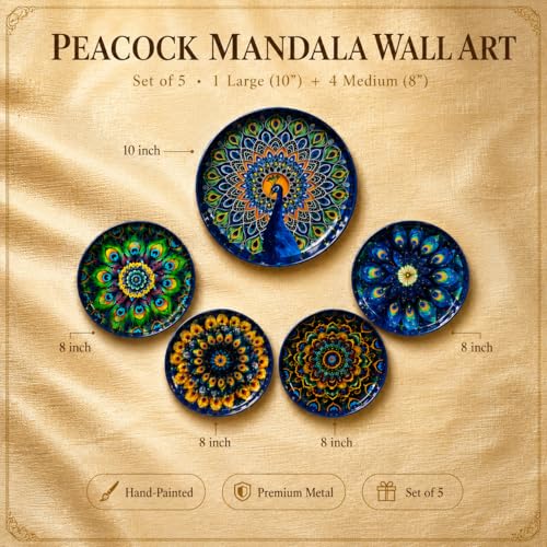 Image of TARUN'S HOME DECOR - Decorative Peacock Mandala Wall Plates Set of 5 | Handcrafted Metal Wall Art for Living Room, Bedroom, Hall & Home Decor | Multicolor Ethnic Hanging Wall Decor