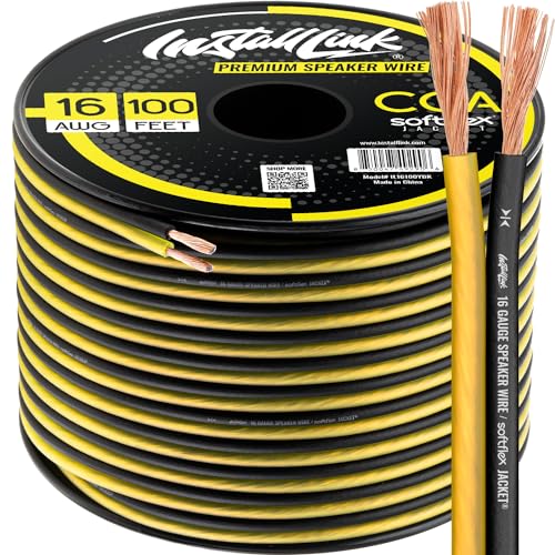 Image of Install Link 16 AWG Gauge Speaker Wire (100 Feet) Car or Home Theater (CCA) | 16 /2 Speaker Cable, 2-Conductor, Frosted Yellow /Black, Easy Strip, Polarity ID, for Car Audio & Home Stereo