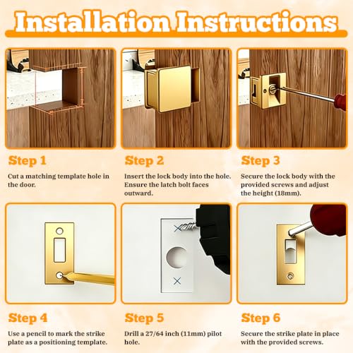 BORDSTRACT Cerradura para Puerta de Bolsillo de Acero Inoxidable Dorada con Perilla para Dormitorio | Compatible con puertas de 35-45mm de grosor, diseño empotrado para baño y dormitorio miniatura 6
