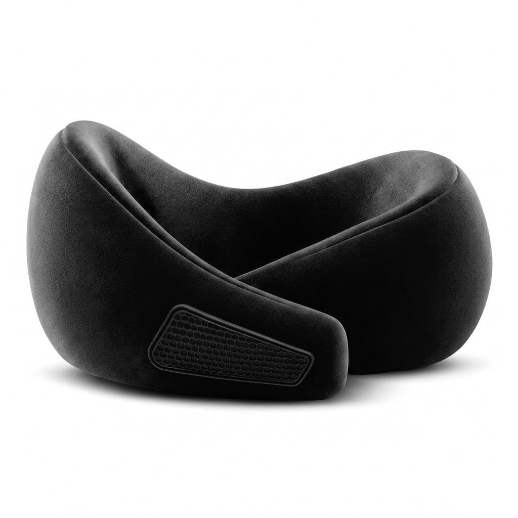 vats travel neck pillow, 100% hi-per foam, lightweight neck support pillow, neck pillow for flight travel, memory foam, adjustable velcro straps, free travel pouch (core black)