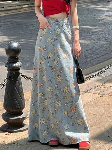 Women's Floral Printed Denim Maxi Skirt Casual High Waist A-Line Frayed Hem Long Jean Skirt2