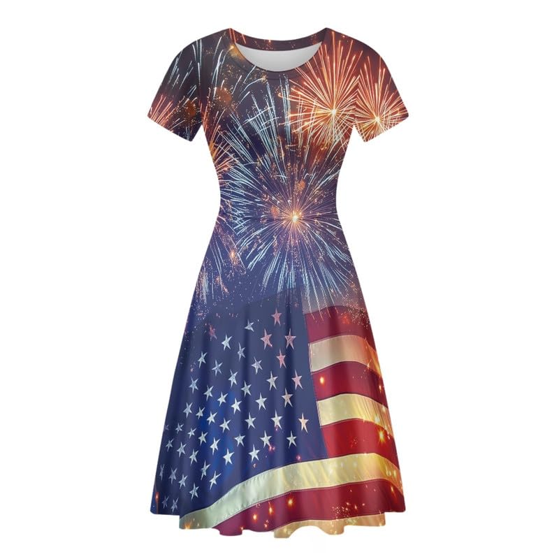 Image of Irisjudy T Shirt Dress for Women Short Sleeve Girls Short Sleeve Dress Plus Size, O Neck Knee Length Midi Dress for Ladies