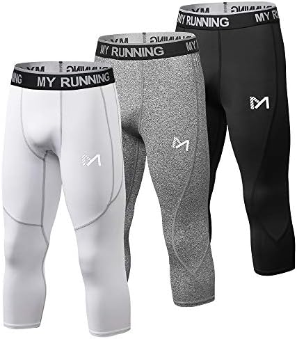 MEETYOO Men's 3/4 Compression Pants Leggings Tights, Cool Dry Sport Workout HeatGear Capri Base Layer Running Cycling (3 Pack-c, Large)