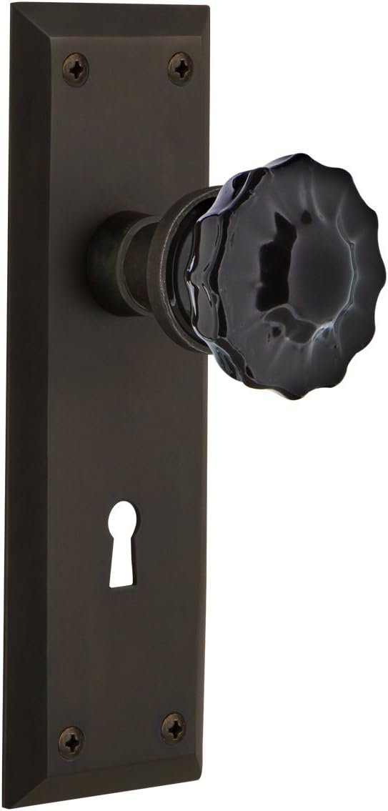 Nostalgic Warehouse 727010 New York Plate with Keyhole Single Dummy Crystal Black Glass Door Knob in Antique Pewter