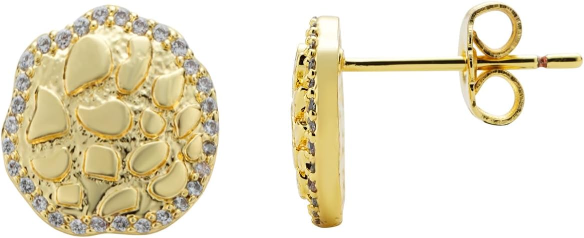 14K Gold Plated Nugget Earrings For Men,Cubic Zirconia Earrings Studs Gold,Unisex Round Roung Textured Cookie Nugget Stud - Image 4