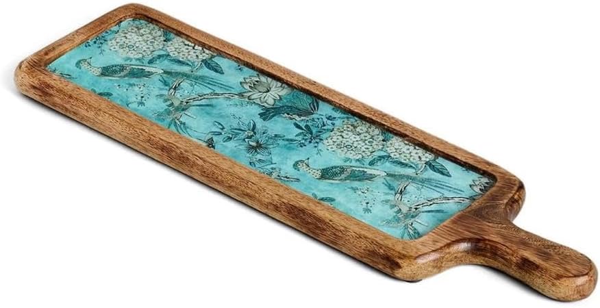 Sova Mango Wood Serving Tray & Platter with Bird Print, Marine Blue, 17.75 x 4.75 inches