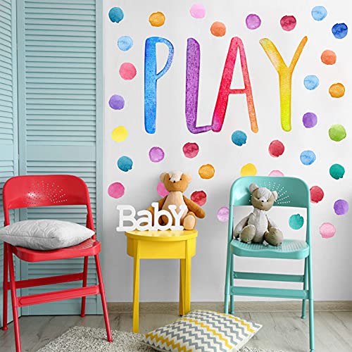 Yovkky Kids Playroom Polka Dots Wall Decals Stickers, Watercolor Play Sign Peel And Stick Neutral Nursery Preschool Decor, Colorful Home Classroom Decorations Boys Girls Bedroom Art Party Supply Gift #TOP2