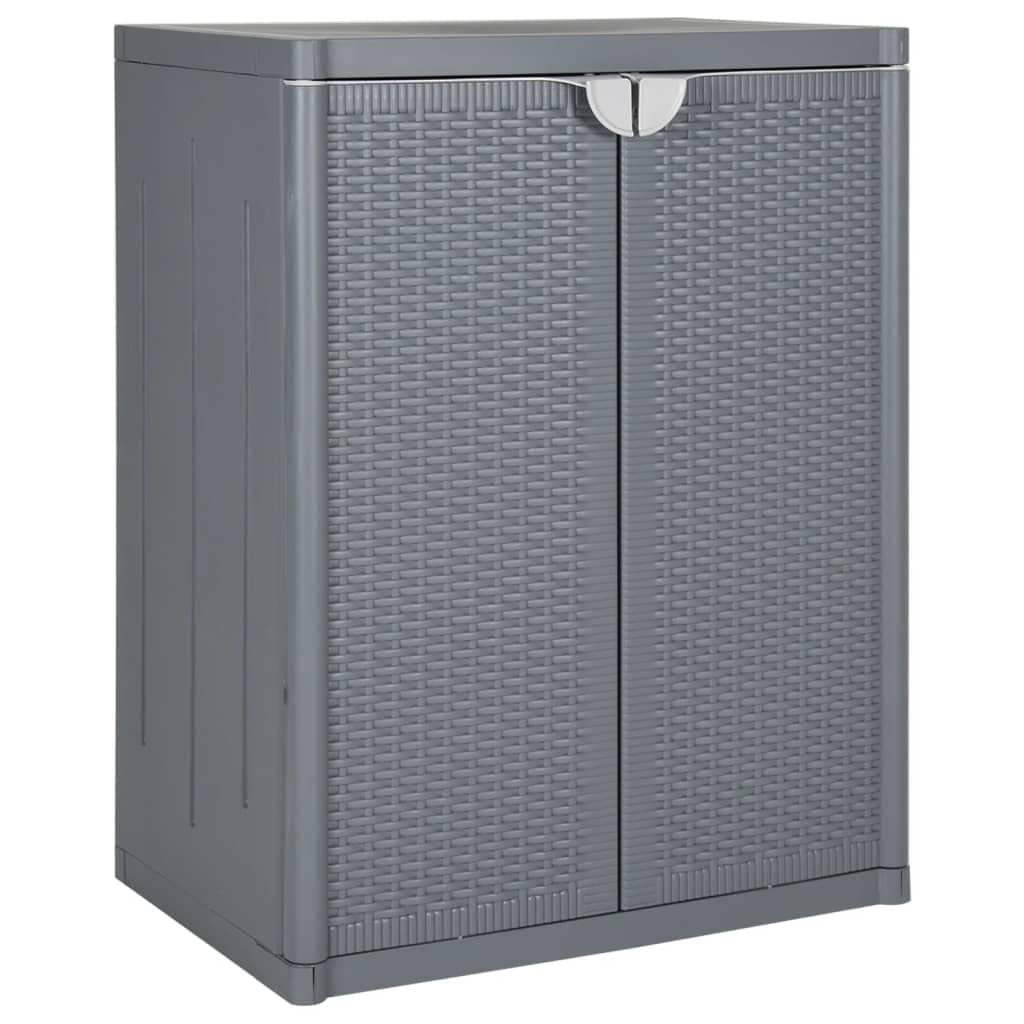 Gartenschrank Grau 65x45x88 cm Kunststoffschrank in Rattan-Optik aus PP mit 2 Ablagen, Beistellschrank für Balkon und Terrasse, Allzweckschrank für Gartenutensilien