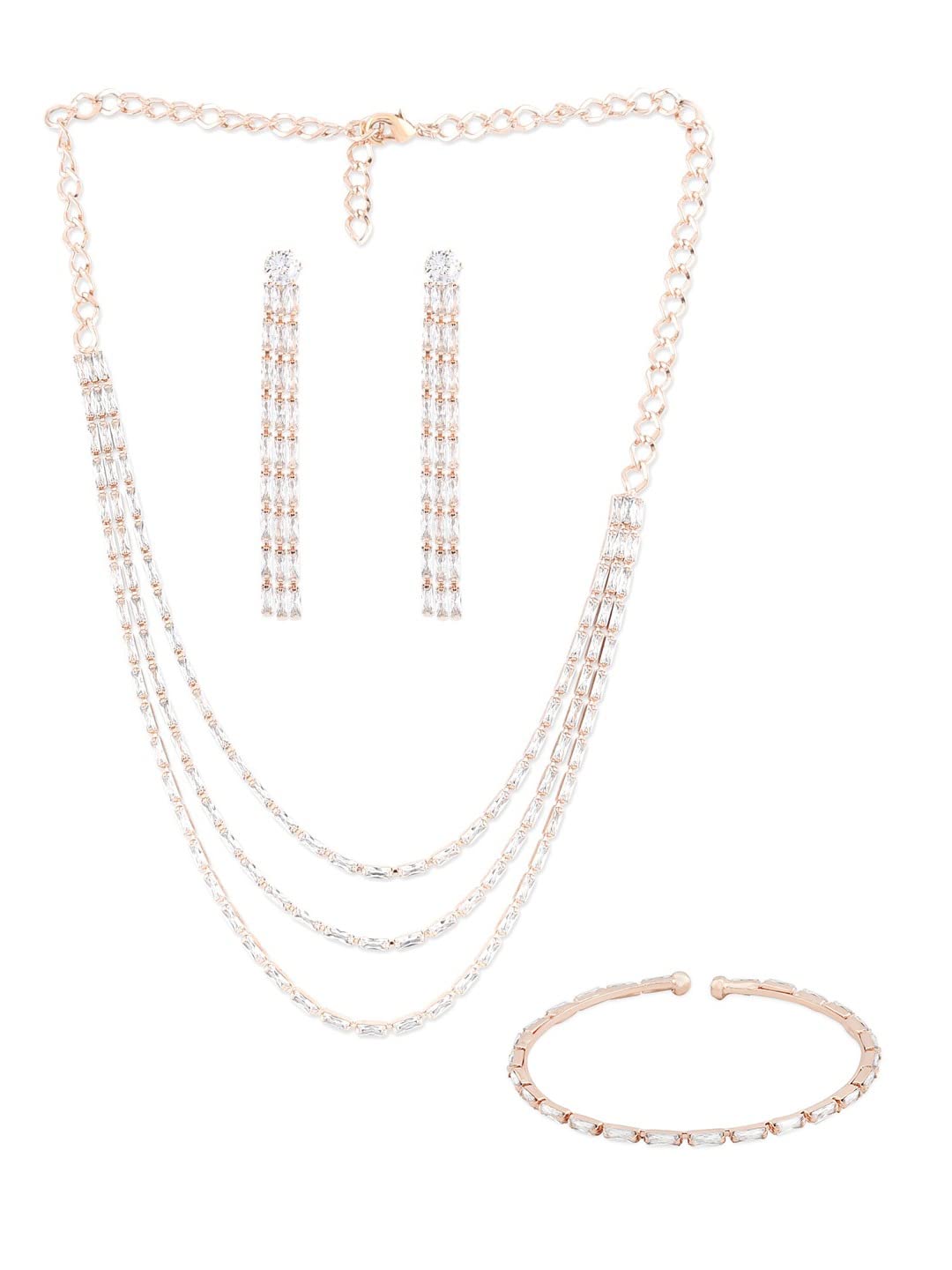ZAVERI PEARLS Rose Gold Baguette Cubic Zirconia Layered Necklace Earring & Bracelet Set For Women-ZPFK12577 (B09RVYCCCR) Amazon Price History, Amazon Price Tracker