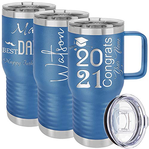 Personalized Tumblers with handle, Splash Proof Lid, Your Name/Text Engraved in USA Customized Cups, Stainless Steel Vacuum Insulated Coffee Mugs, Fathers Day Gift by iProductsUS (Blue 20oz)
