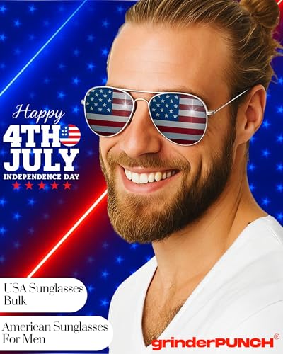 grinderPUNCH 3 Pack Bulk USA America Glasses - American Flag Aviator Sunglasses - Assorted Colors4