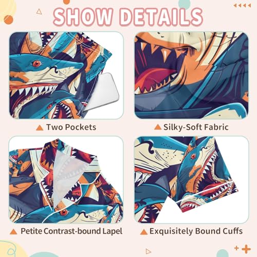 senya Angry Sharks Satin Summer Pajama Sets Silk Short Sleeve Button Down Sleepwear3