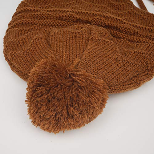Connectyle Kid's Beanie Hat with Earflap Knit Warm Winter Hat for Boys Girls Acrylic Beanies Cap Pompom Hat L Brown - Thumbnail 5