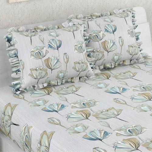 Image of King Size Fitted Bedsheet with 2 Frill Pillow Covers (FrillWhiteFlw, King Size - 72x78 Inch)