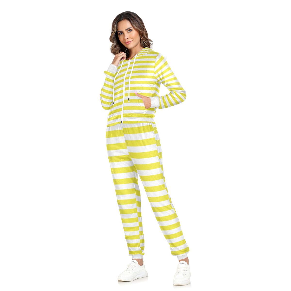 Conjunto deportivo de 2 piezas para mujer, diseño de rayas amarillas y blancas, conjunto deportivo de manga larga