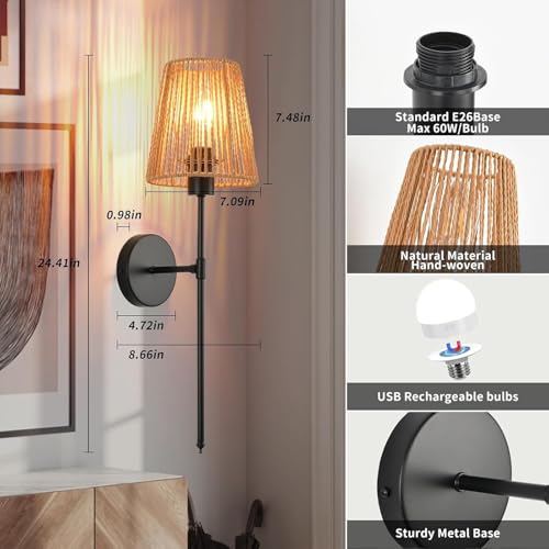 Iluminación de pared inalámbrica sin instalación eléctrica: Lámpara de ratán Boho regulable 6