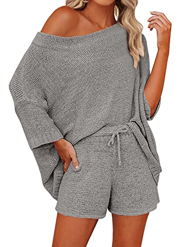 Mafulus Women's 2 Piece Outfits Sweater Sets Off Shoulder Knit Top Shorts Matching Suits Cute Pajama Lounge Set