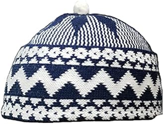 AL ITTIHAF Mens Zigzag HAJI Cap - Kufi All Season Muslim Prayer TOPI Beanie HAT Crown with White Ball - Stretchable ONE Size