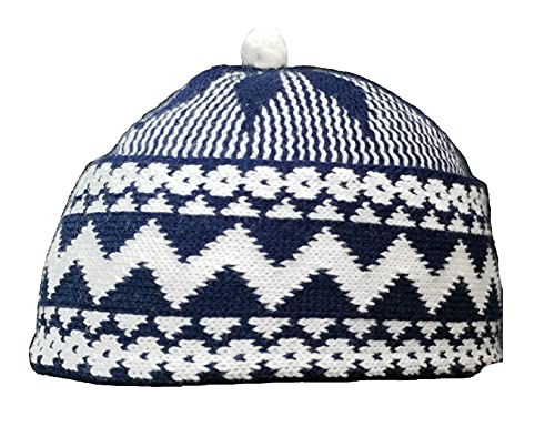 AL ITTIHAF Mens Zigzag HAJI Cap - Kufi All Season Muslim Prayer TOPI Beanie HAT Crown with White Ball - Stretchable ONE Size