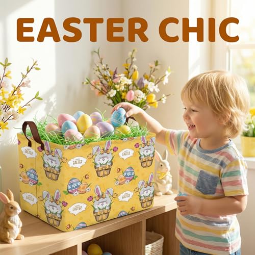 Image of Large Cute Easter Basket for Kid Empty Gift Baby Rectangle Storage Bin Bunny Eggs Boy&Girl Room Decor (Tulip Rabbit Yellow)