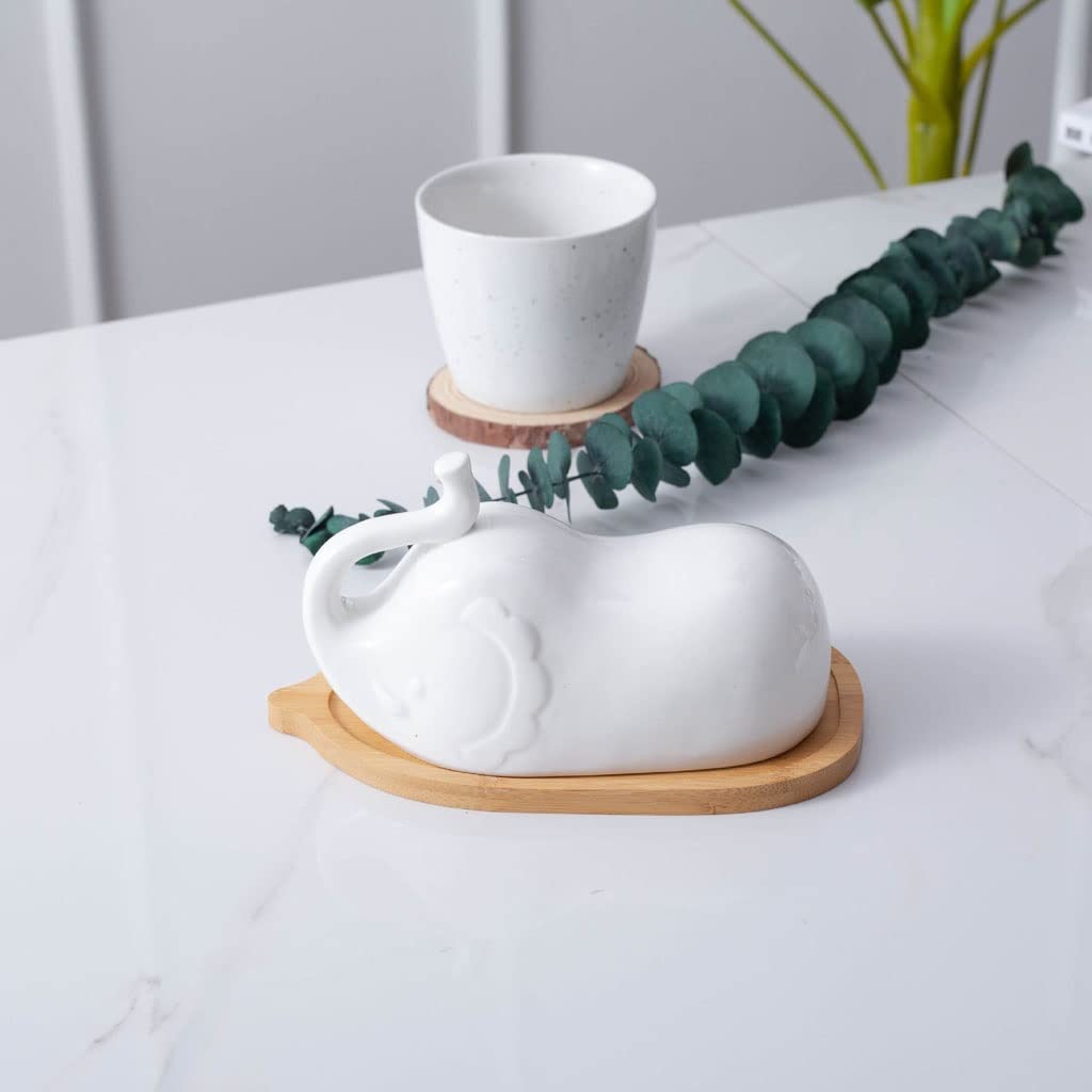 Beurrier avec couvercle - Beurrier créatif en céramique avec couvercle - Petit plateau en céramique - En forme d'éléphant - Beurrier blanc pur