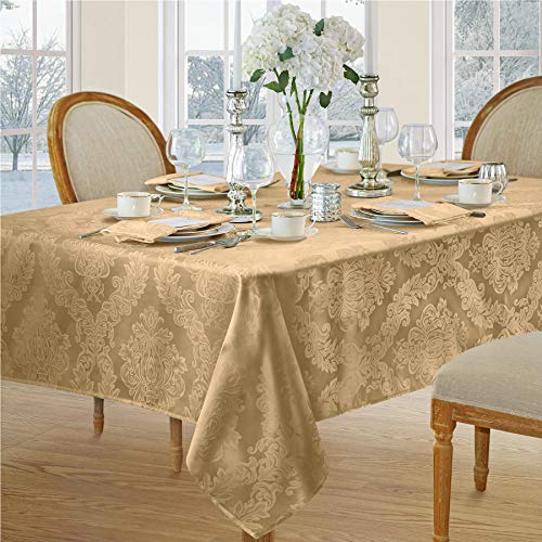 Newbridge Barcelona Luxury Damask Fabric Tablecloth, 100% Polyester, No Iron, Soil Resistant Dining Room, Party Banquet And Holiday Tablecloth, 52 Inch X 70 Inch Oblong/Rectangle, Gold #TOP2