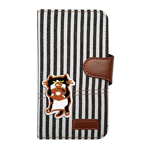 【moimoikka】 iPhone 17 アイフォン17 対応 ケース 手帳型 はちわれ猫 動物 キャラクター かわいい ネコ ねこ アニマル ヒッコリー(ブラック) ワッペン 刺繍 生地 布 ファブリック カード収納 フリップ カバー スマートフォン