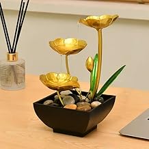 Mforall Metal Tabletop Waterfall Fountain Tablr Auto Water Fountain Three Layer Water Fountain Indoor Relaxation Lotus Leaf Fountain For Bedroom Office Showcase Small Golden