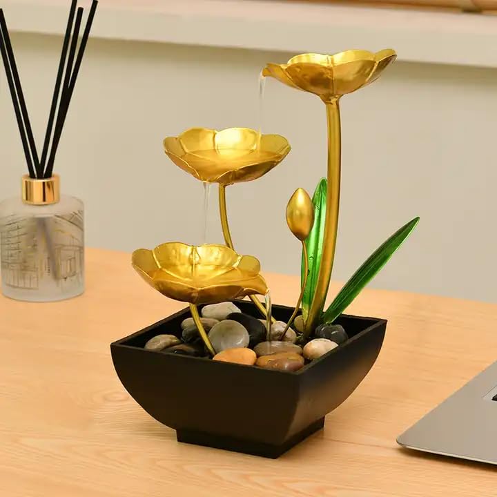 Mforall Metal Tabletop Waterfall Fountain, Three Layer, Indoor, Lotus Leaf, Gold