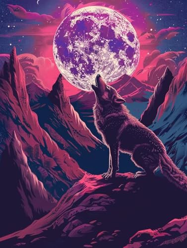 Diamond Painting Loup 100x130 cm avec Lune - Kit Broderie Diamant Complet Débutant G0-332