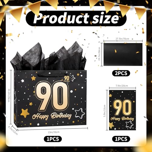 Image of Powbrace 13 inch Black 90th Birthday Gift Bag with Tissue Paper and Greeting Card for Party,Happy Birthday Gift Bag for Men Women,Gift Bags Medium size(1 Black 90th)